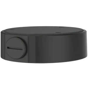 A black circle-shaped junction box for security cameras