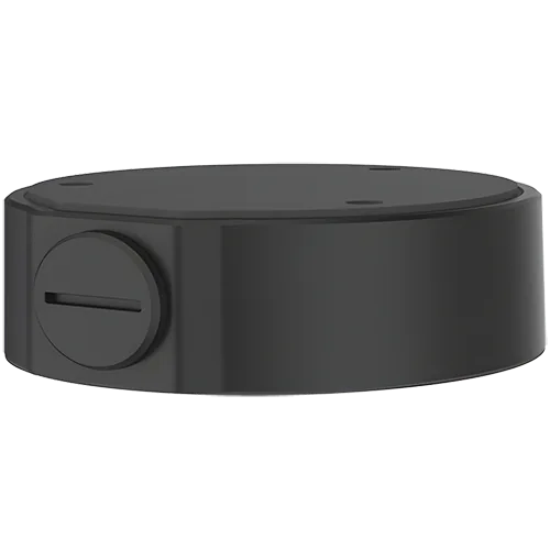 A black circle-shaped junction box for security cameras
