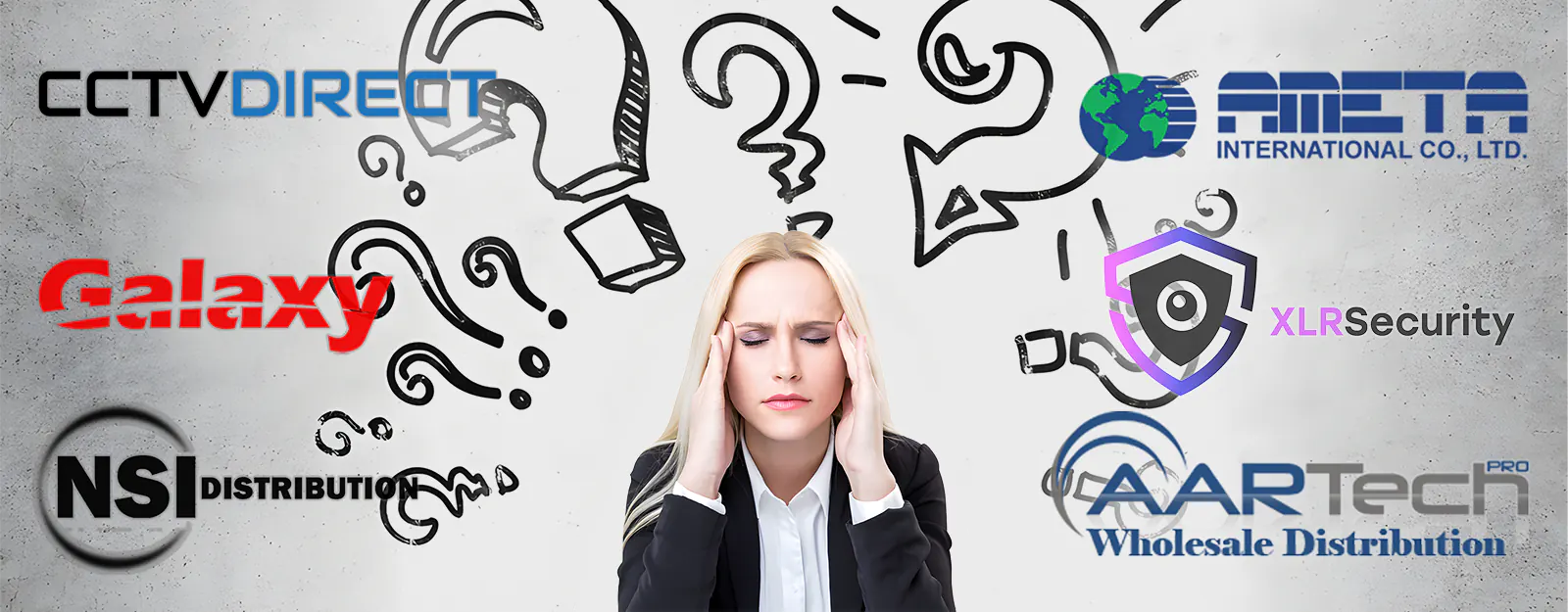 Woman with a confused look on her face with question marks and six logos of security supplier brands on a wall behind her