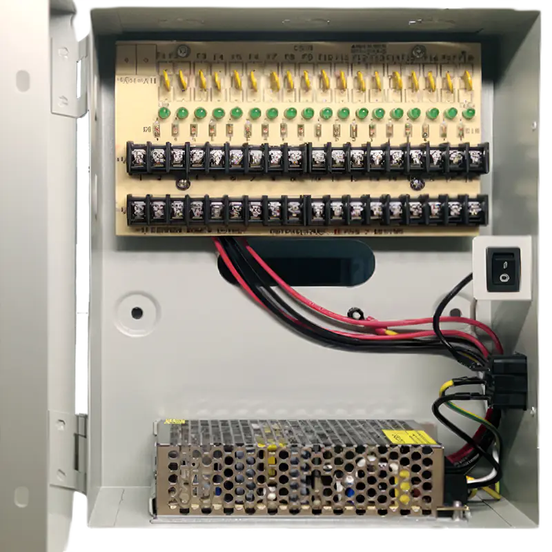 A power supply inside of a metal box designed for securirty cameras - eighteen channel version