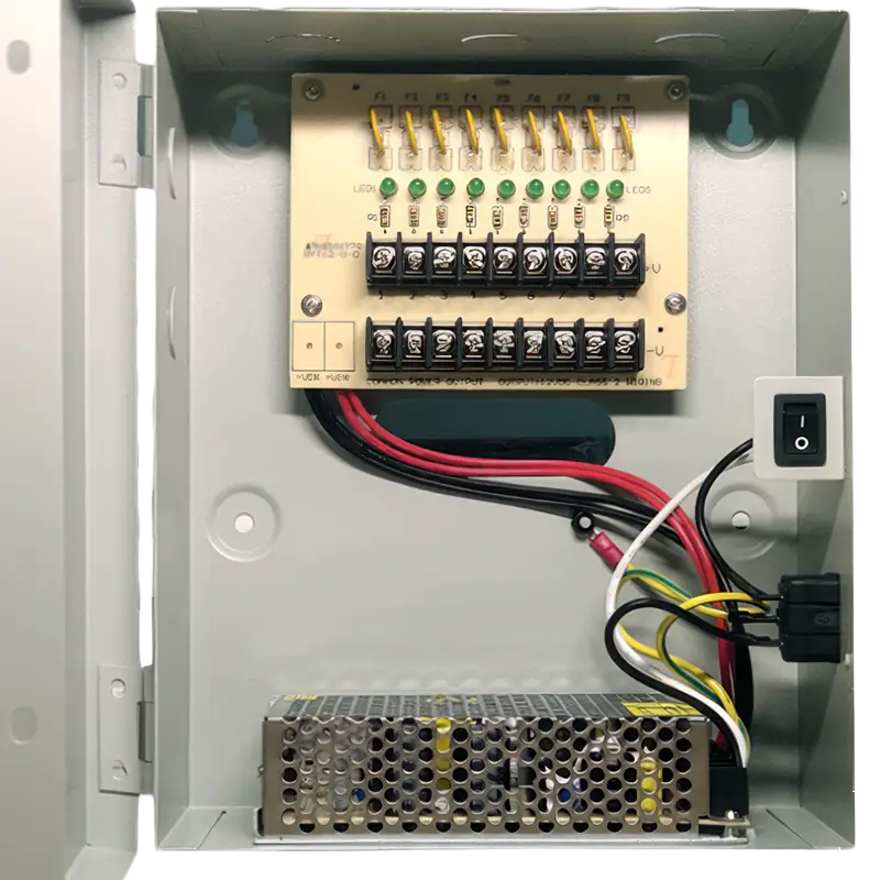 A power supply inside of a metal box designed for securirty cameras - nine channel version