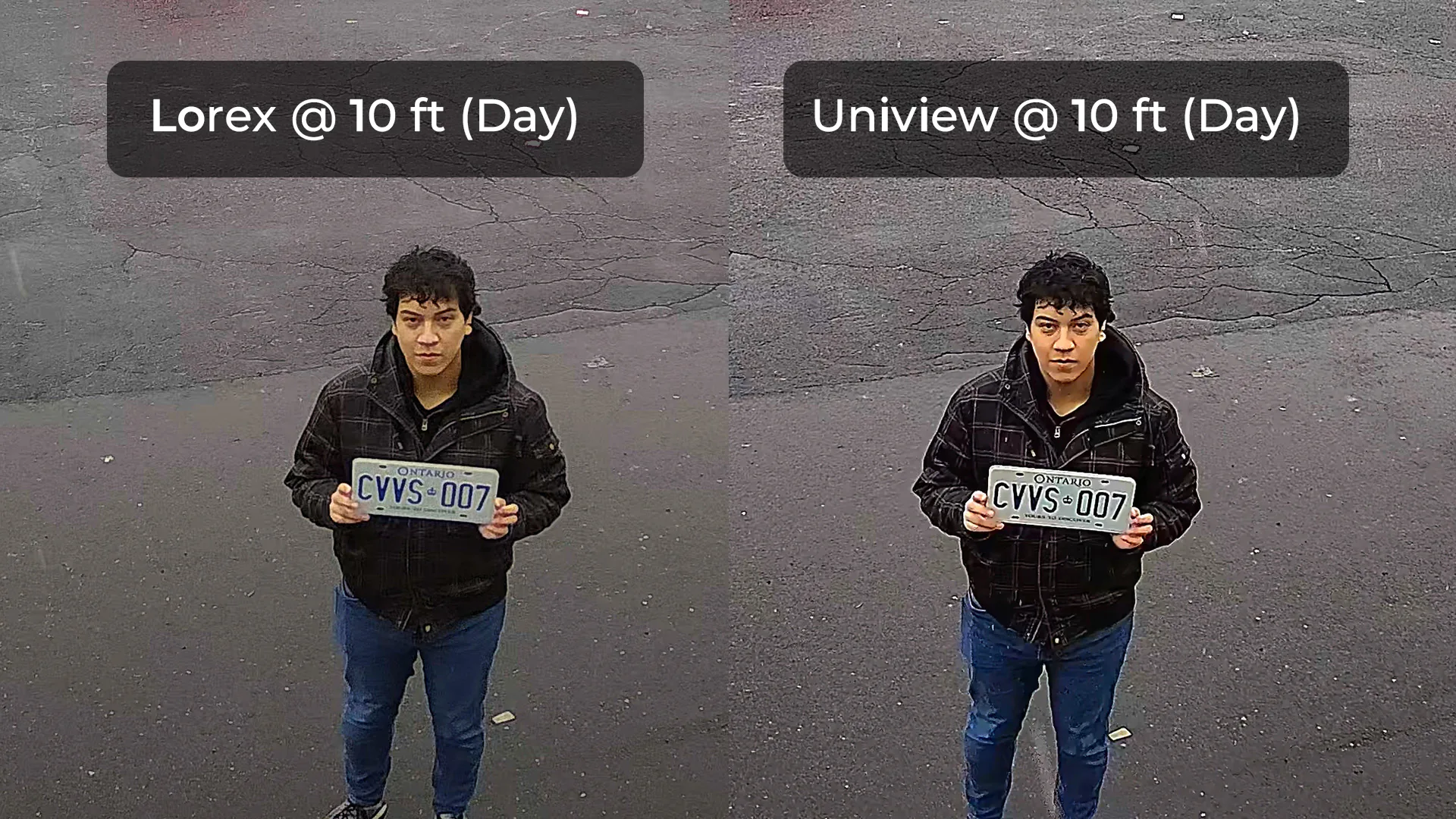 Lorex and Uniview security camera image showing a person holding a license plate from 10 feet away during daytime