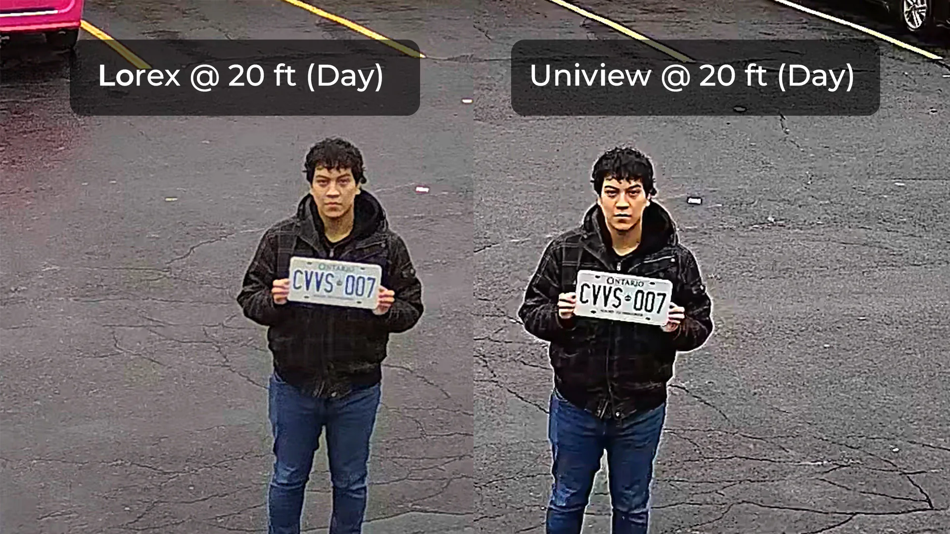 Lorex and Uniview security camera image showing a person holding a license plate from 20 feet away during daytime