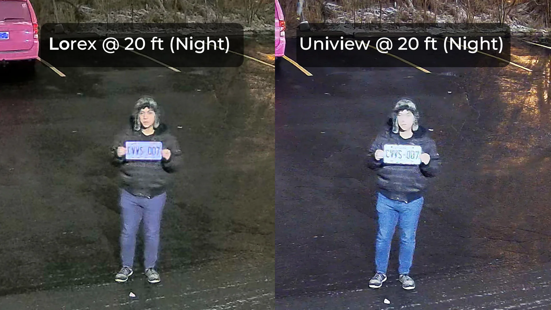 Lorex and Uniview security camera image showing a person holding a license plate from 20 feet away during nighttime
