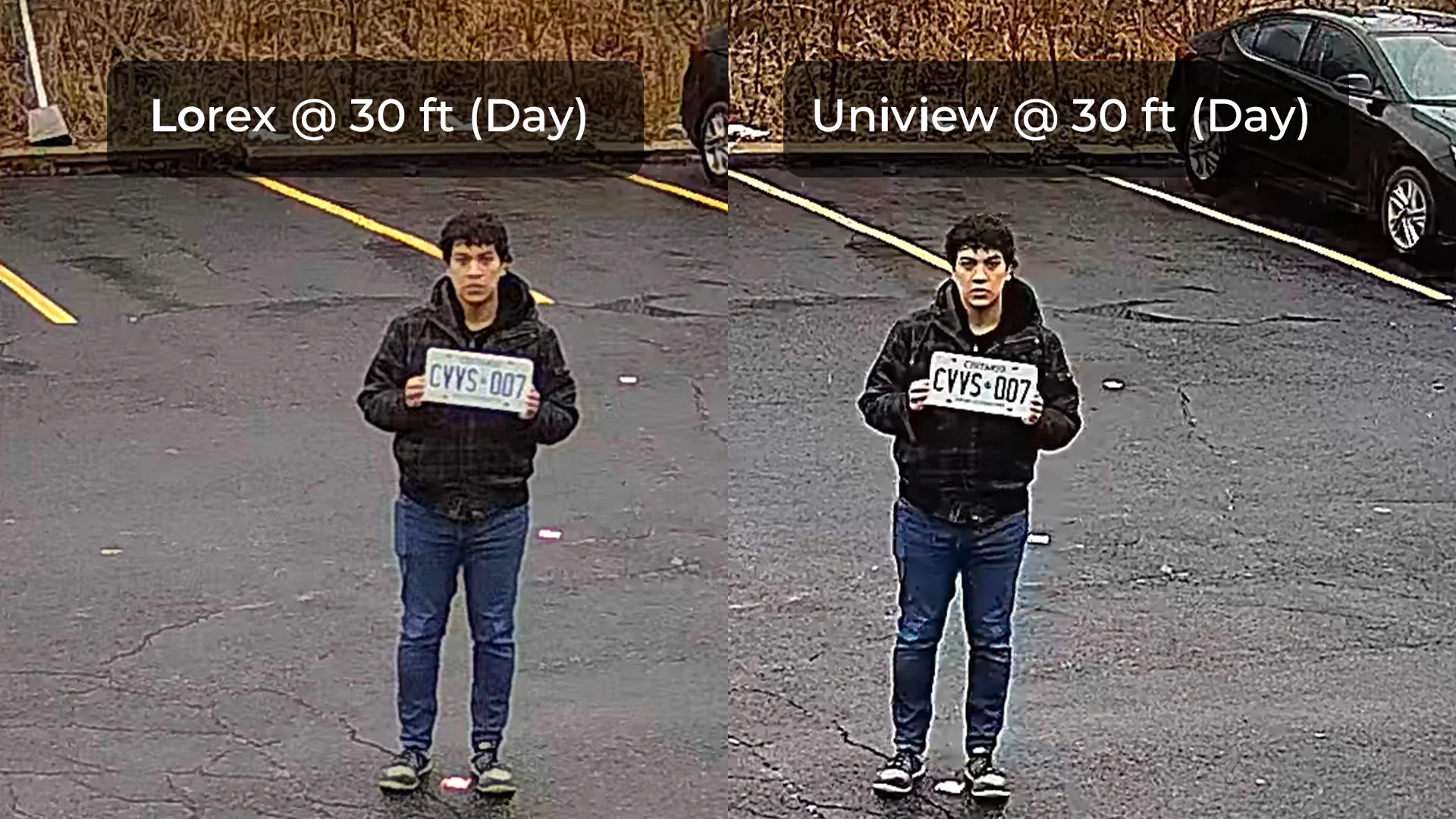 Lorex and Uniview security camera image showing a person holding a license plate from 30 feet away during daytime