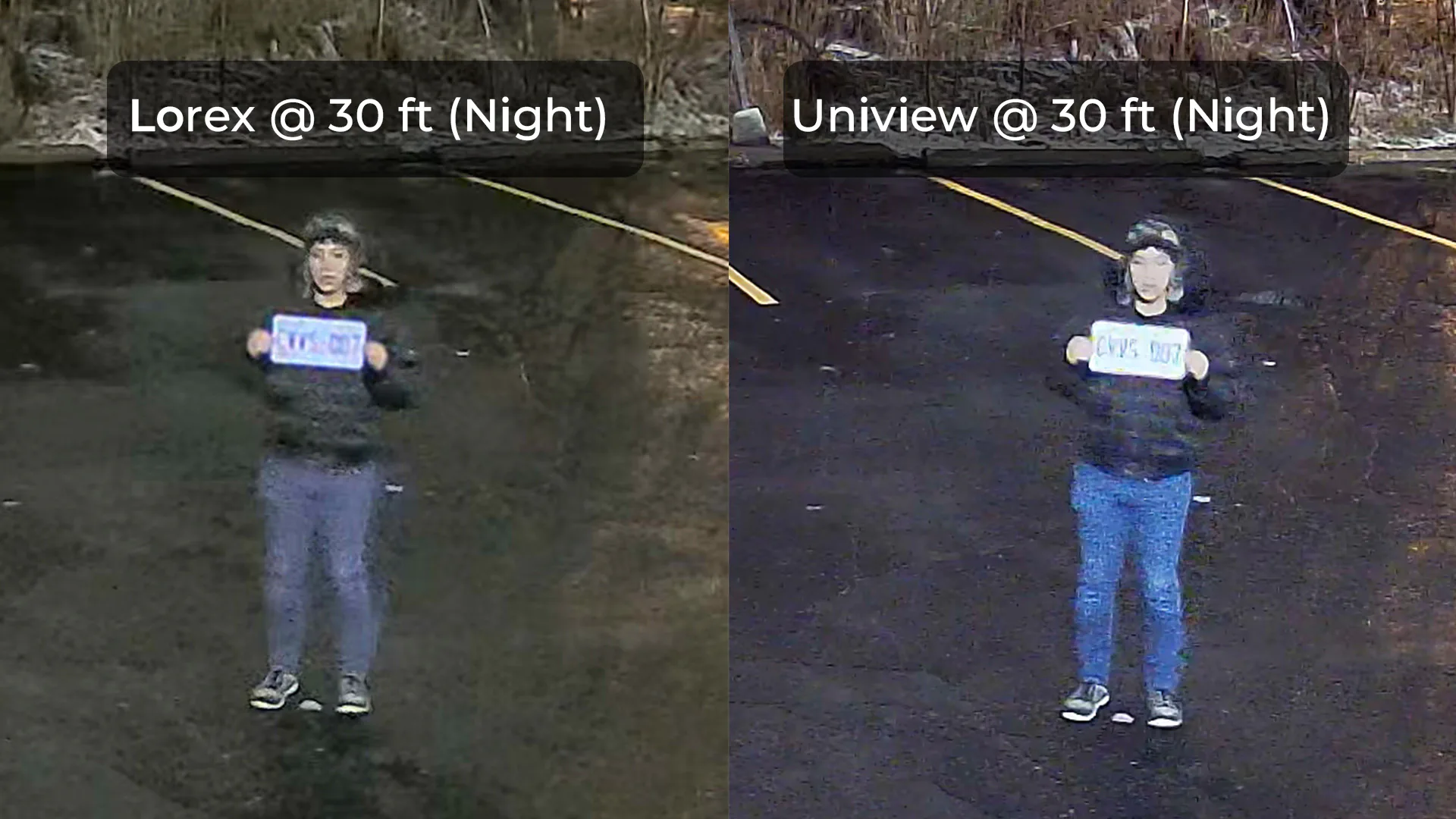 Lorex and Uniview security camera image showing a person holding a license plate from 30 feet away during nighttime