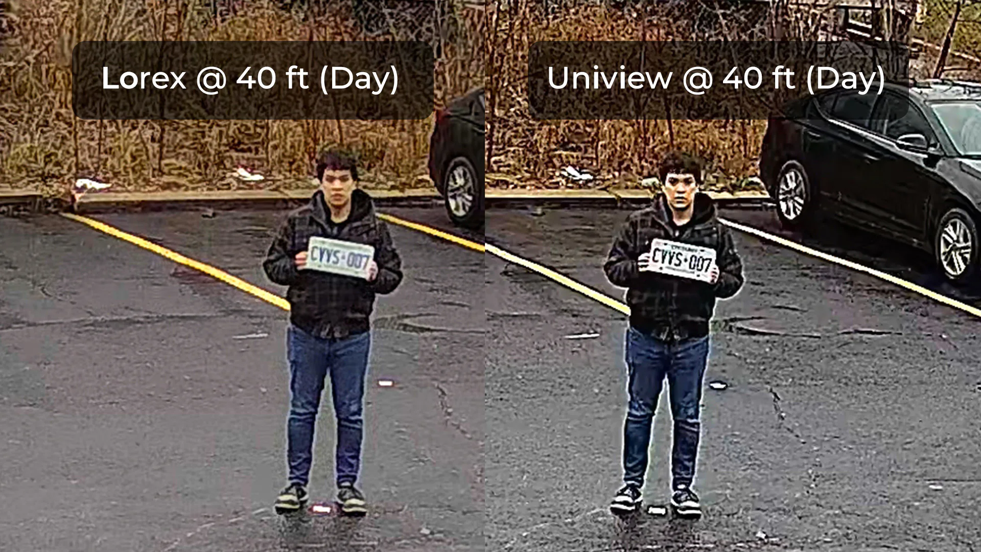 Lorex and Uniview security camera image showing a person holding a license plate from 40 feet away during daytime