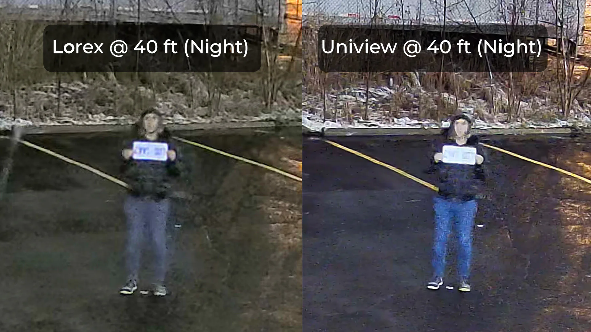 Lorex and Uniview security camera image showing a person holding a license plate from 40 feet away during nighttime