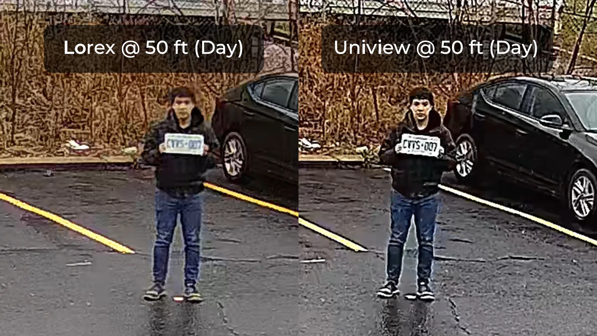 Lorex and Uniview security camera image showing a person holding a license plate from 50 feet away during daytime
