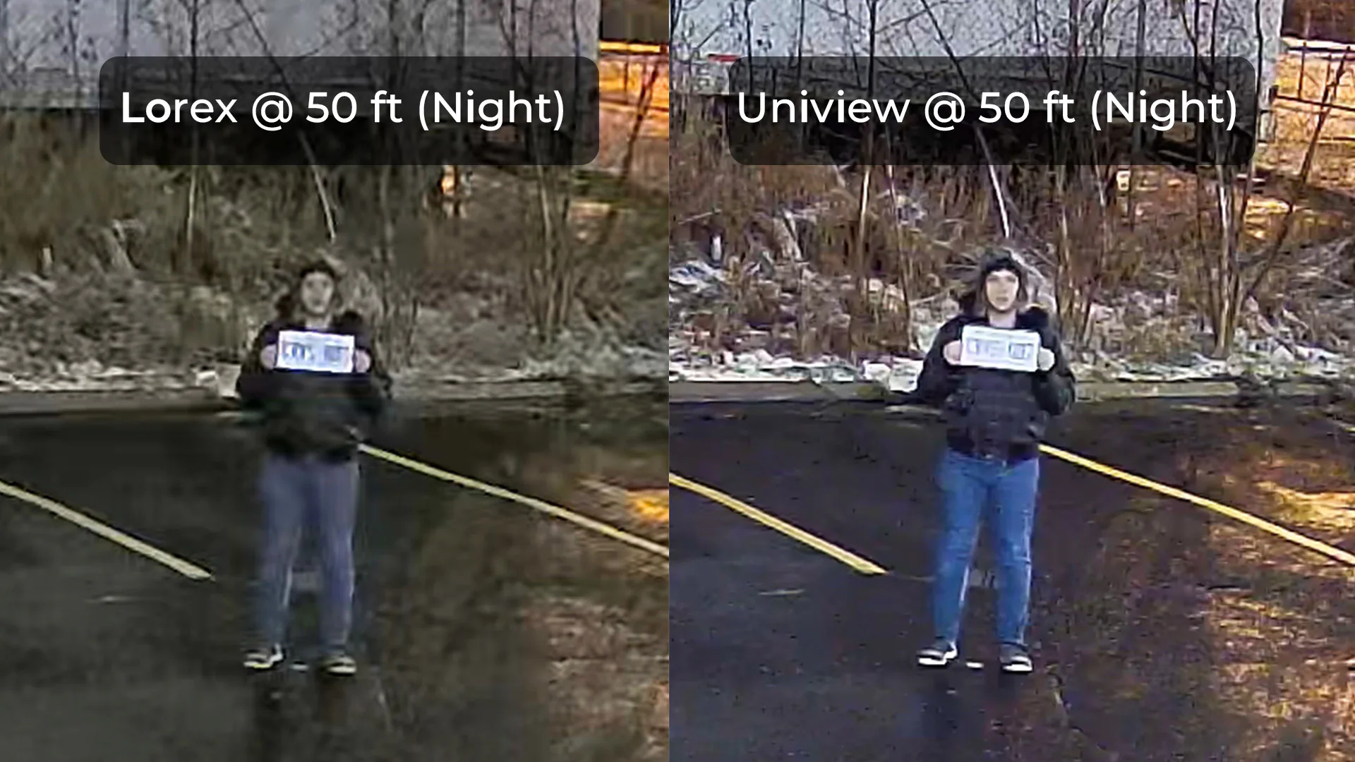 Lorex and Uniview security camera image showing a person holding a license plate from 50 feet away during nighttime