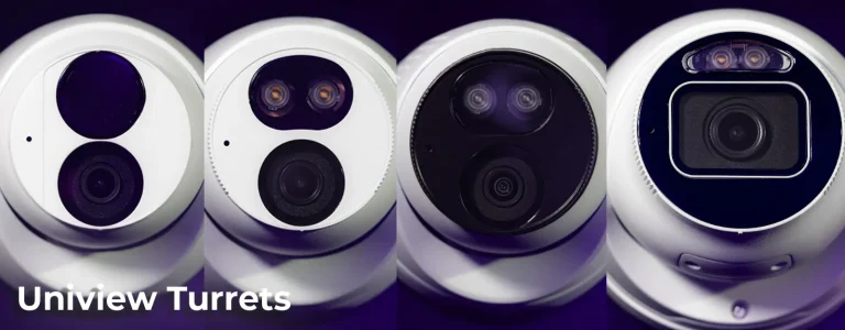 Four Uniview security cameras side-by-side, facing towards you