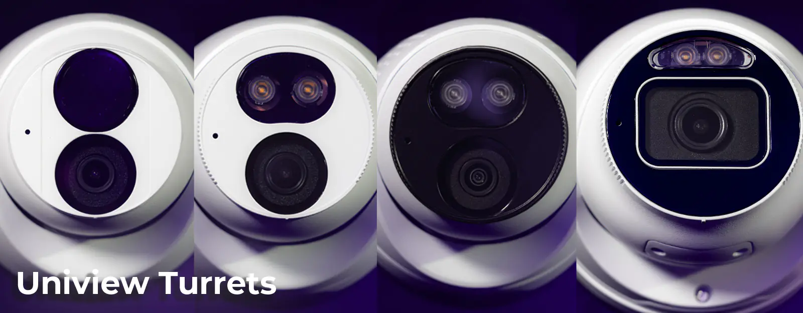 Four Uniview security cameras side-by-side, facing towards you