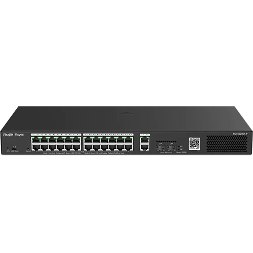 A managed PoE switch with twenty four + two ports made by Reyee. Taken from a slightly higher angle to see the top of the switch.