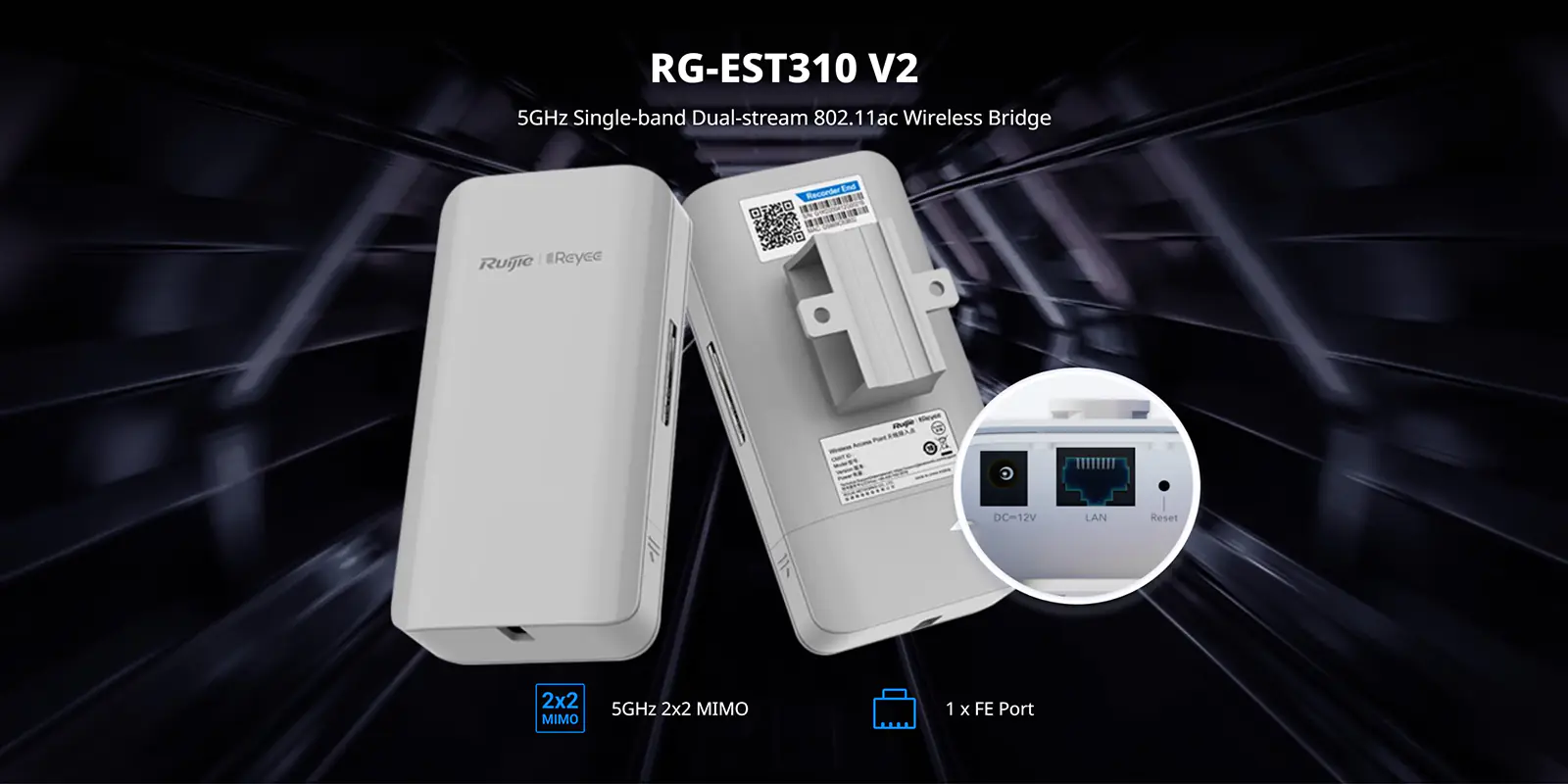 A pair of wireless transmitters and receivers in an infographic showing one fast ethernet port and 2x2 multi-input multi-output support.