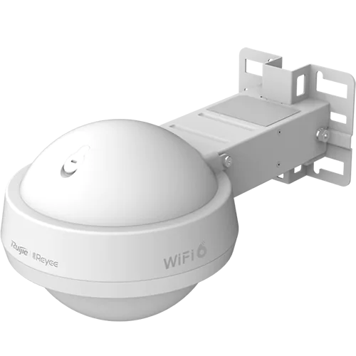 A spherical metal outdoor WiFi 6 access point with a metal bracket attached for wall mounting
