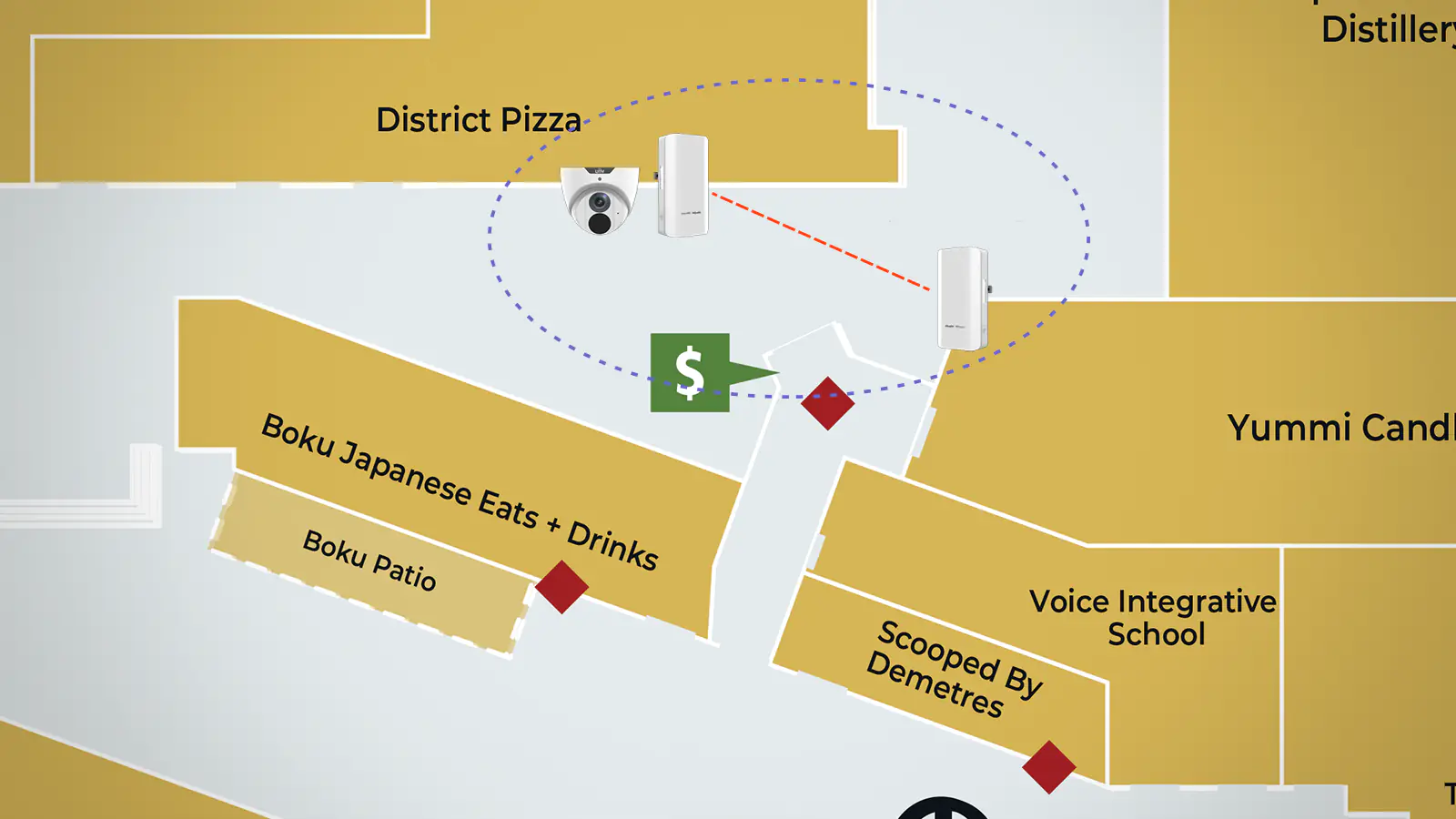 A map of the distillery district showing the locations of a security camera and two Reyee Wireless P2P bridges