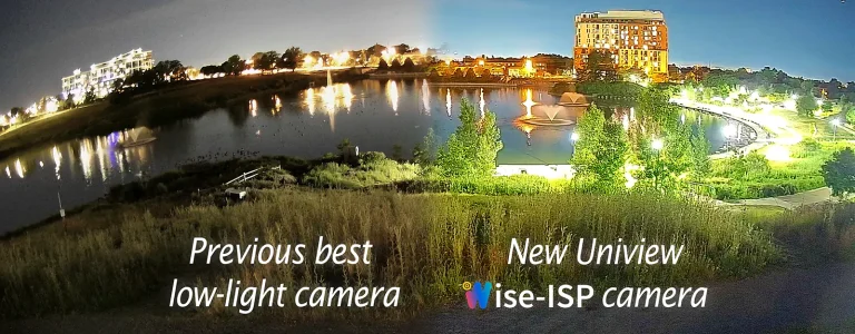 Two images taken by security cameras compared side by side. On the left the image is dark and grey, while on the right the image is bright and colourful.