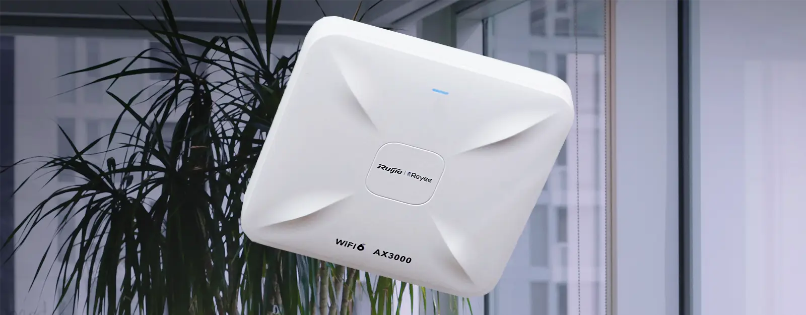 A wireless access point floating with a modern office in the background