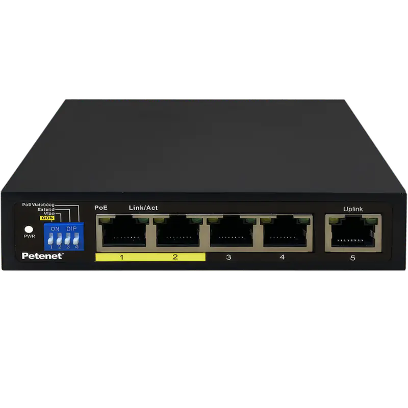 A economical 4-Port Gigabit PoE+ switch with four PoE ports and 1 RJ45 and 1SFP Uplink