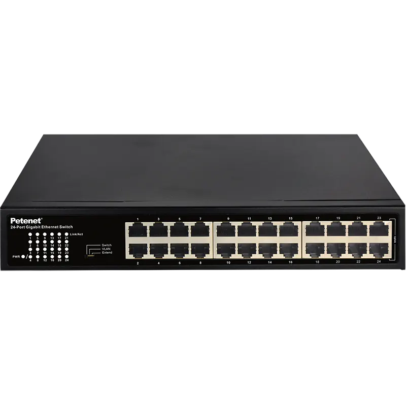 Network switch with black metal body and 24 Gigabit ports made by Petenet