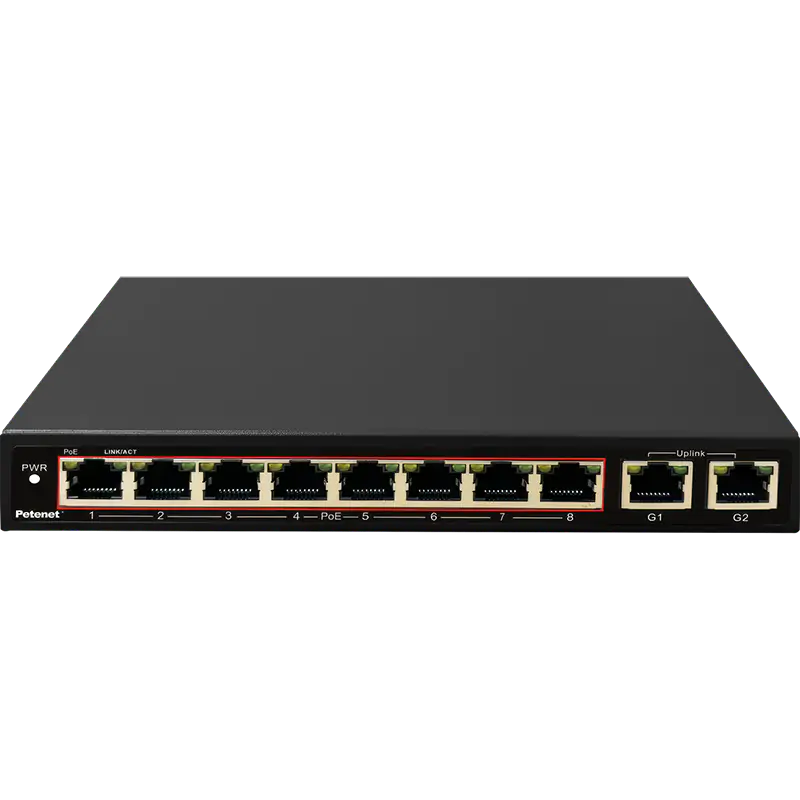 A PoE+ network switch with eight 10/100 Mbps ports and two Gigabit uplink ports.
