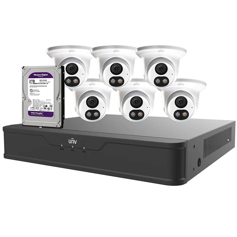 Uniview security camera kit with an eight channel NVR, six cameras, and a 2TB hard drive