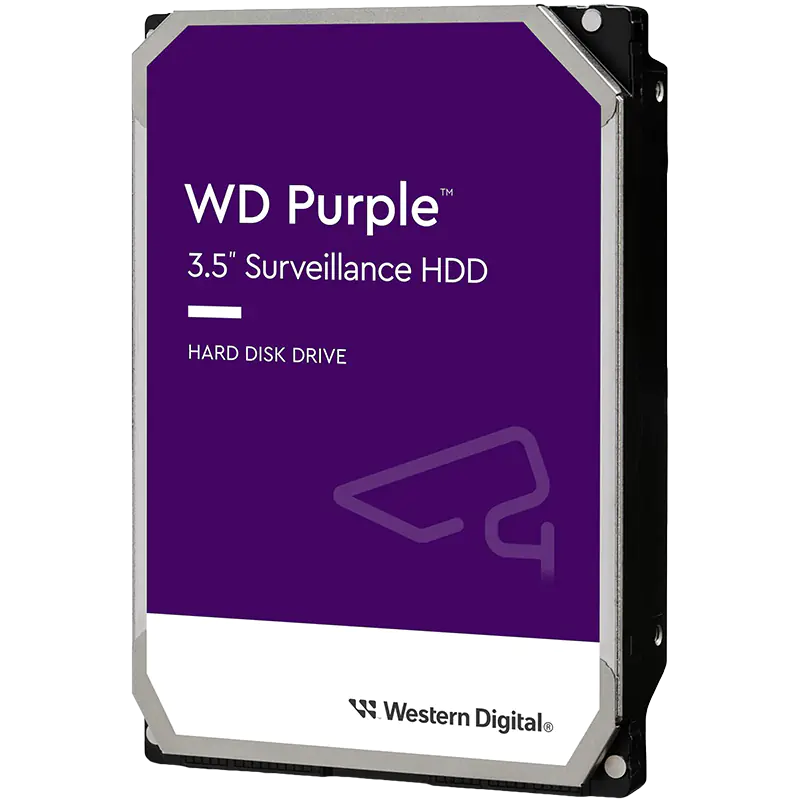 A hard drive with a purple sticker that says WD Purple 3.5-inch Surveillance HDD
