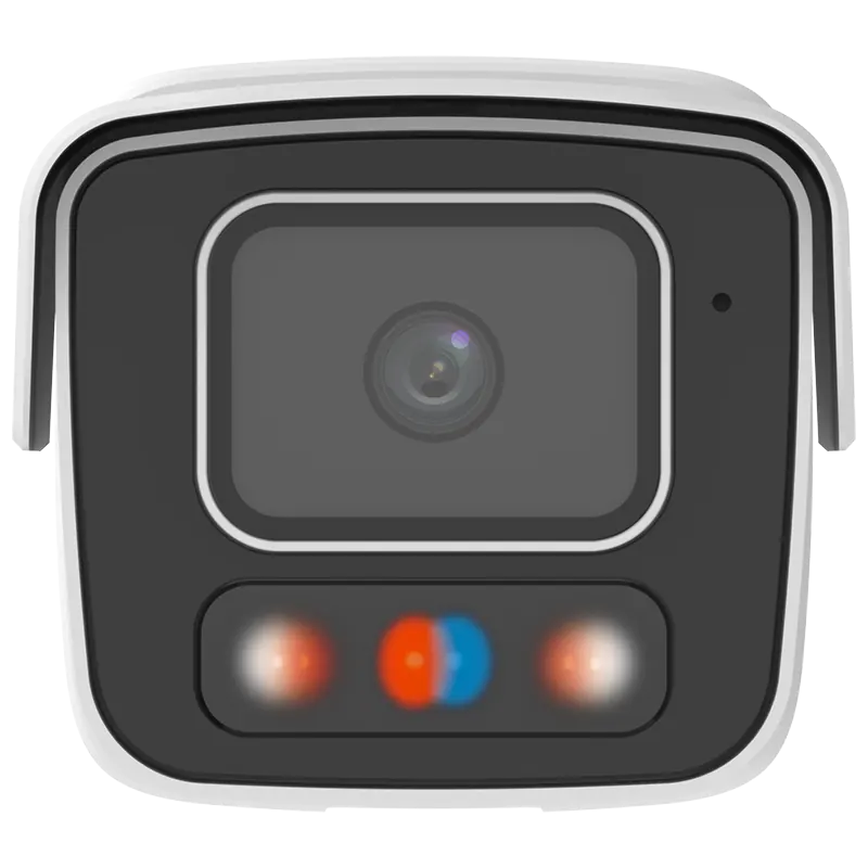 A security camera with a square shaped lens, white LED for illumination, and a red and blue strobe for deterring potential intruders