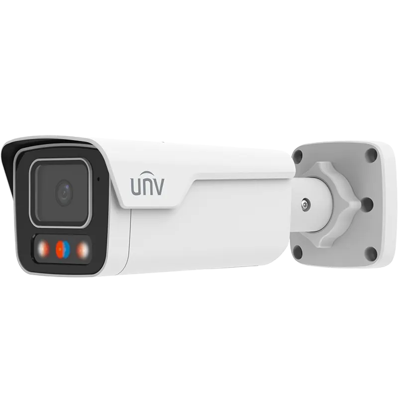 A large Uniview bullet camera with two-way audio and a strobe light for scaring potential intruders away