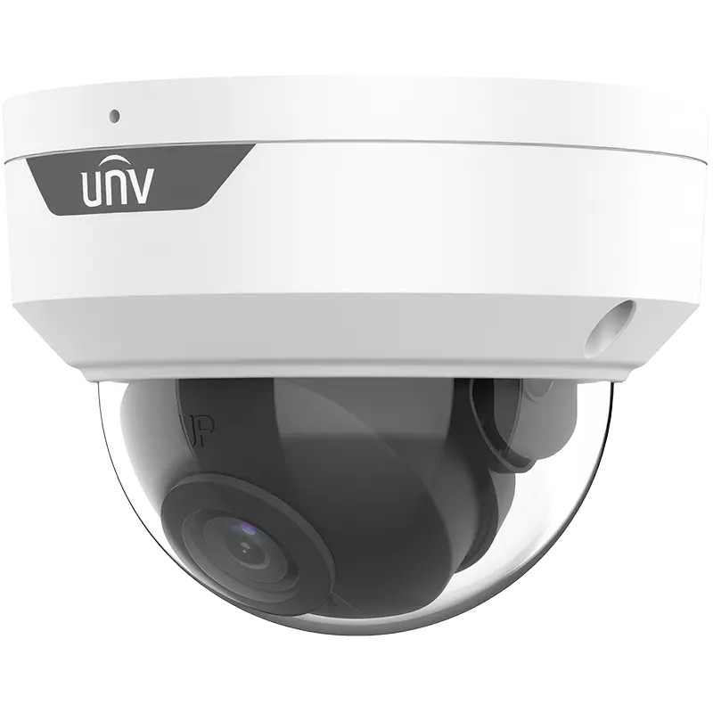 A security camera with a dome cover and UNV logo on the front, aimed slightly down and to the left