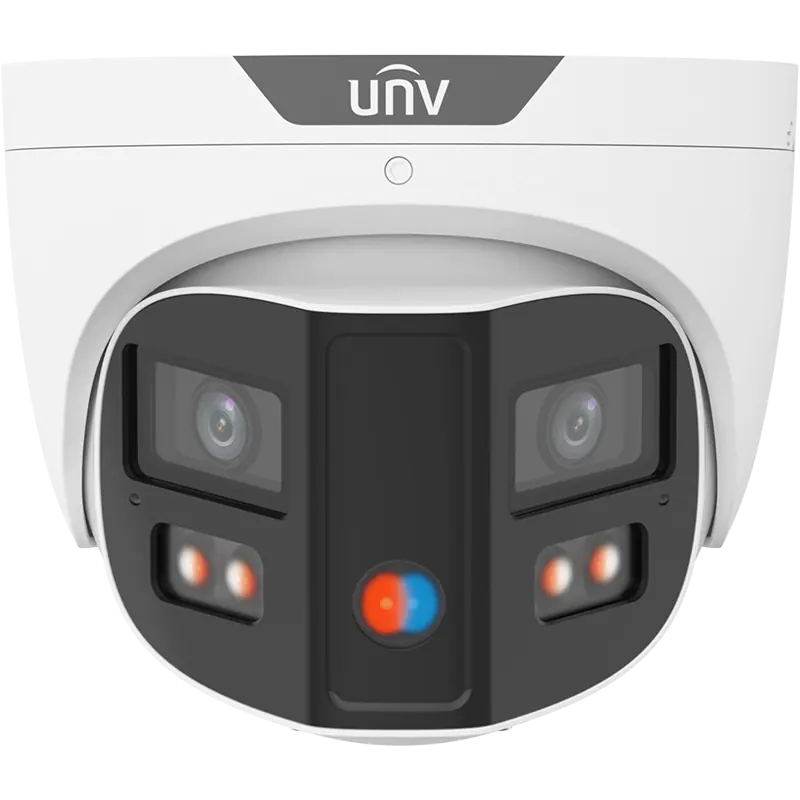 A security camera with two lenses facing at a 90-degree angle from each other, allowing for full 180-degree coverage