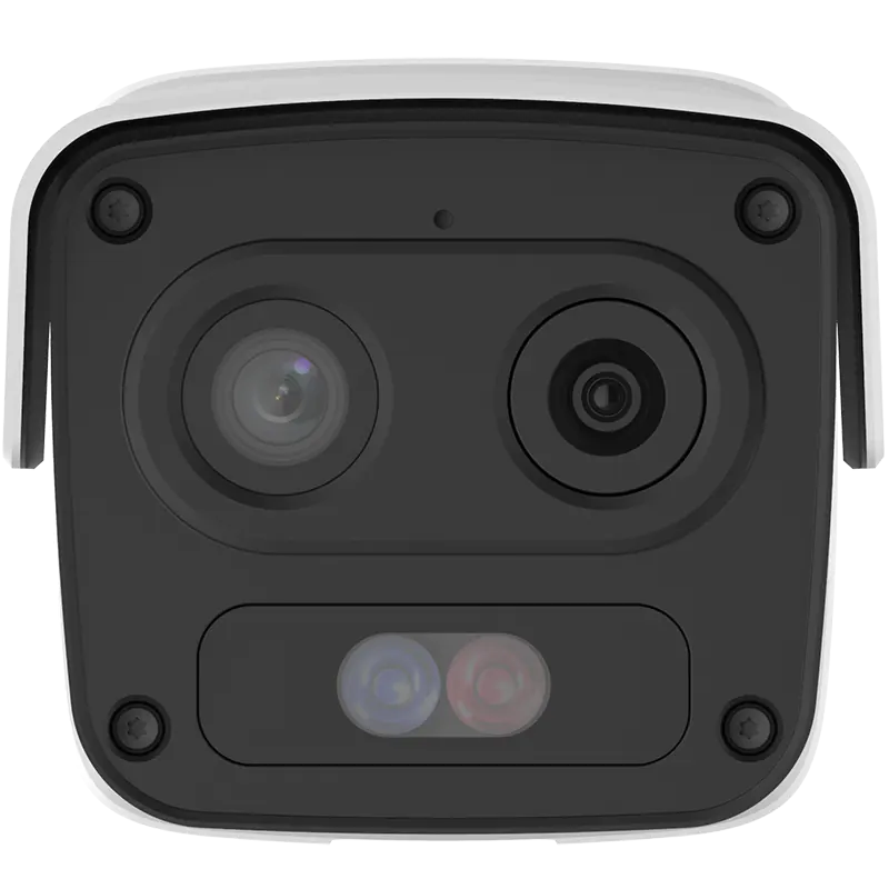The front of a Uniview dual spectrum bullet camera. Two lenses are clearly visible, as well as a red and blue strobe light.