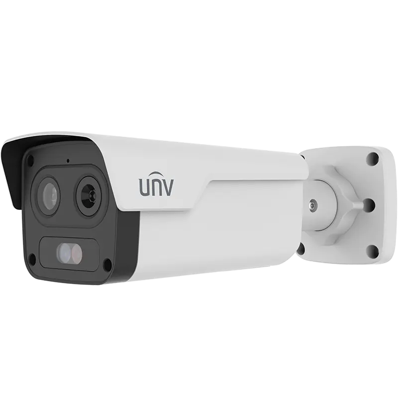 A large security camera made by UNV with a thermal and optical light sensor.