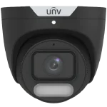 A security camera made by Uniview with a black housing and white LED light under the lens. There is also a small hole above the lens for the built-in microphone.