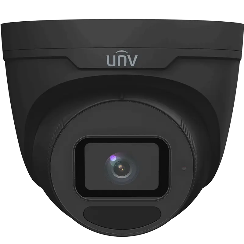 Uniview black turret camera with a wide rectangular lens and built-in infrared. There is a small hole for a microphone to the right of the lens, and the UNV logo near the top front of the housing.