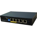 A four port PoE+ witch made by Petenet with a Gigabit RJ45 and SFP uplink port.