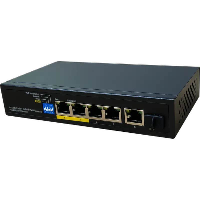 A four port PoE+ witch made by Petenet with a Gigabit RJ45 and SFP uplink port.