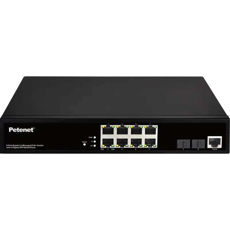 8-port Gigabit Petenet and switch with 2 Gigabit SFP Uplink ports black, front