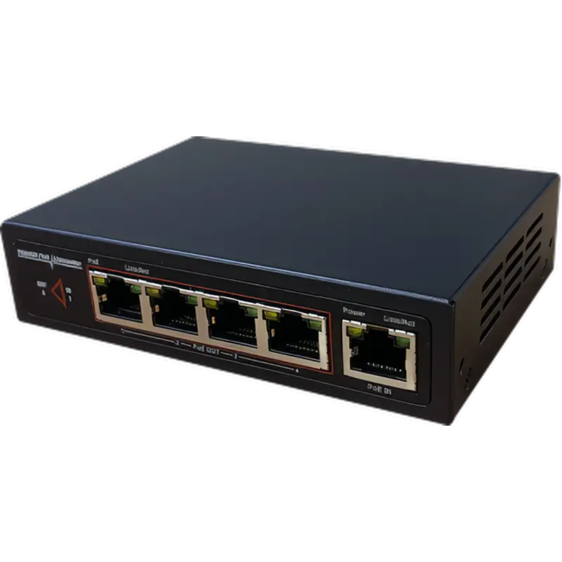 A small PoE switch that takes a single PoE++ input and splits it into four PoE+ outputs, used for security cameras and IP phone systems
