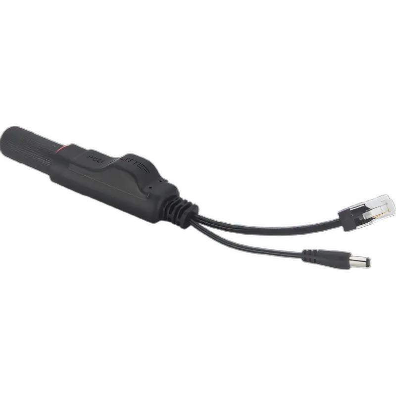 A cable adapter that that splits incoming PoE into Ethernet (data) and 12V DC power