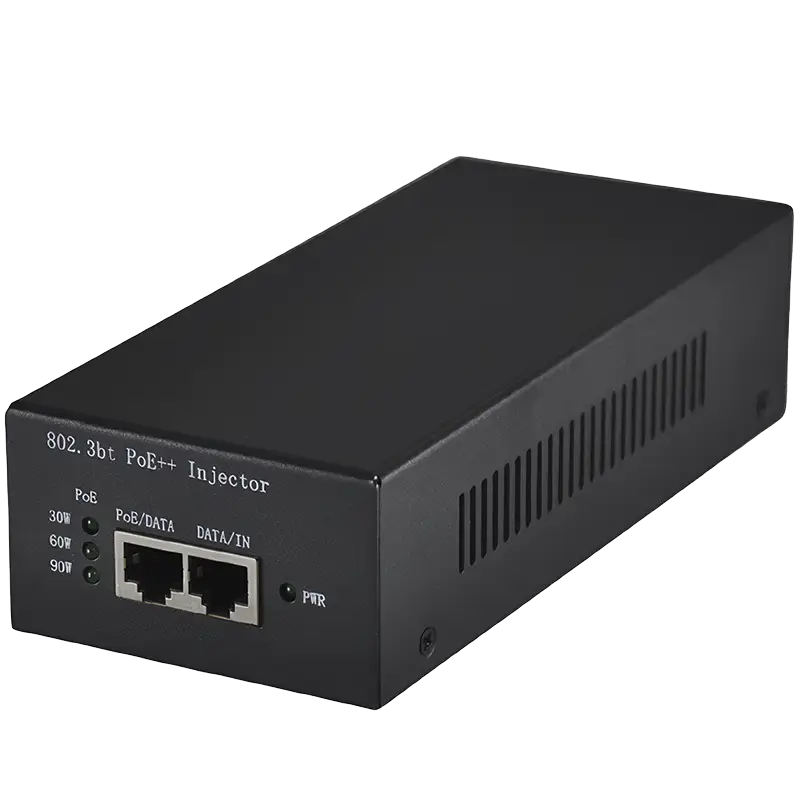 A black rectangular 90W PoE++ Injector with LED indicators on the side that show how much current the injector is drawing