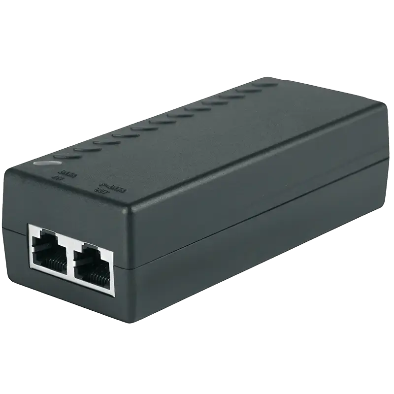 A PoE injector with a port for data and another for power, black rectangular box made by Petenet