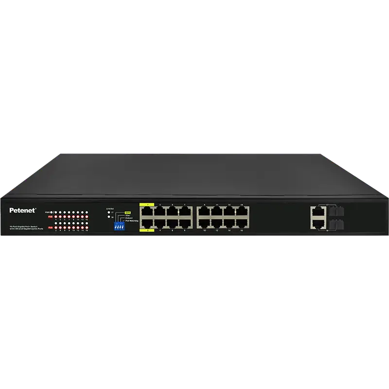 16 PoE+ injectors and 250W built-in power supply