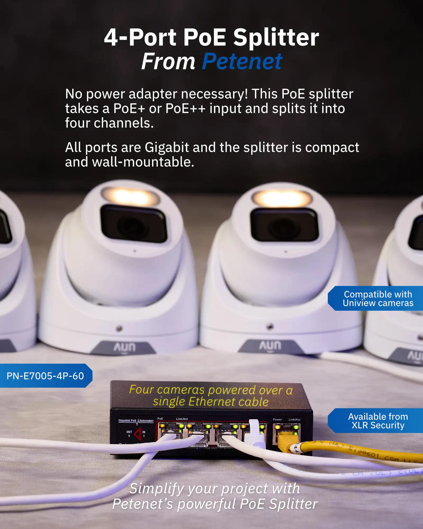 A flyer showing a 4-port PoE splitter by Petenet powering four Uniview IP cameras