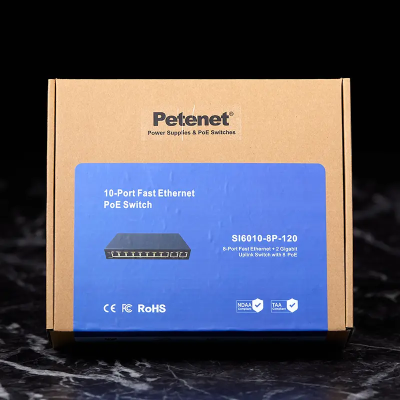 A box showing a 10-port fast ethernet PoE switch made by Petenet.