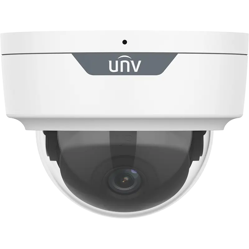 A dome security camera with the UNV logo and a small hole for the microphone