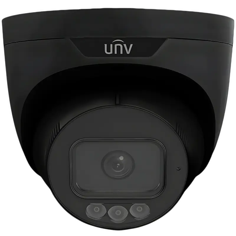A security camera with three lights on the front and the UNV logo shown – black version.
