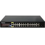 A 24-port PoE+ switch with 2 RJ45 and 2 SFP uplink ports. There is a Petenet logo on the upper left of the switch and there's also a DIP switch for setting different functions.