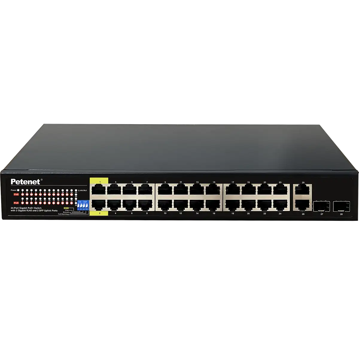 A 24-port PoE+ switch with 2 RJ45 and 2 SFP uplink ports. There is a Petenet logo on the upper left of the switch and there's also a DIP switch for setting different functions.