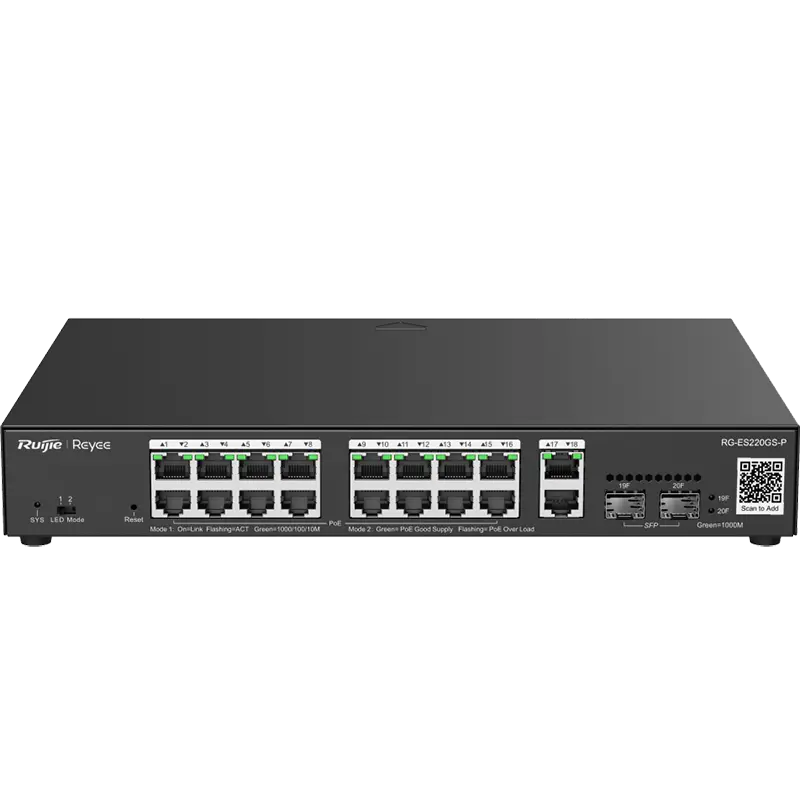 A managed PoE switch with sixteen + two ports made by Reyee, slightly tilted to see the top of the switch